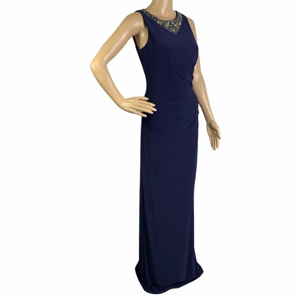 Eliza J Navy Embellished Neckline Ruched Gown - Picture 5 of 12